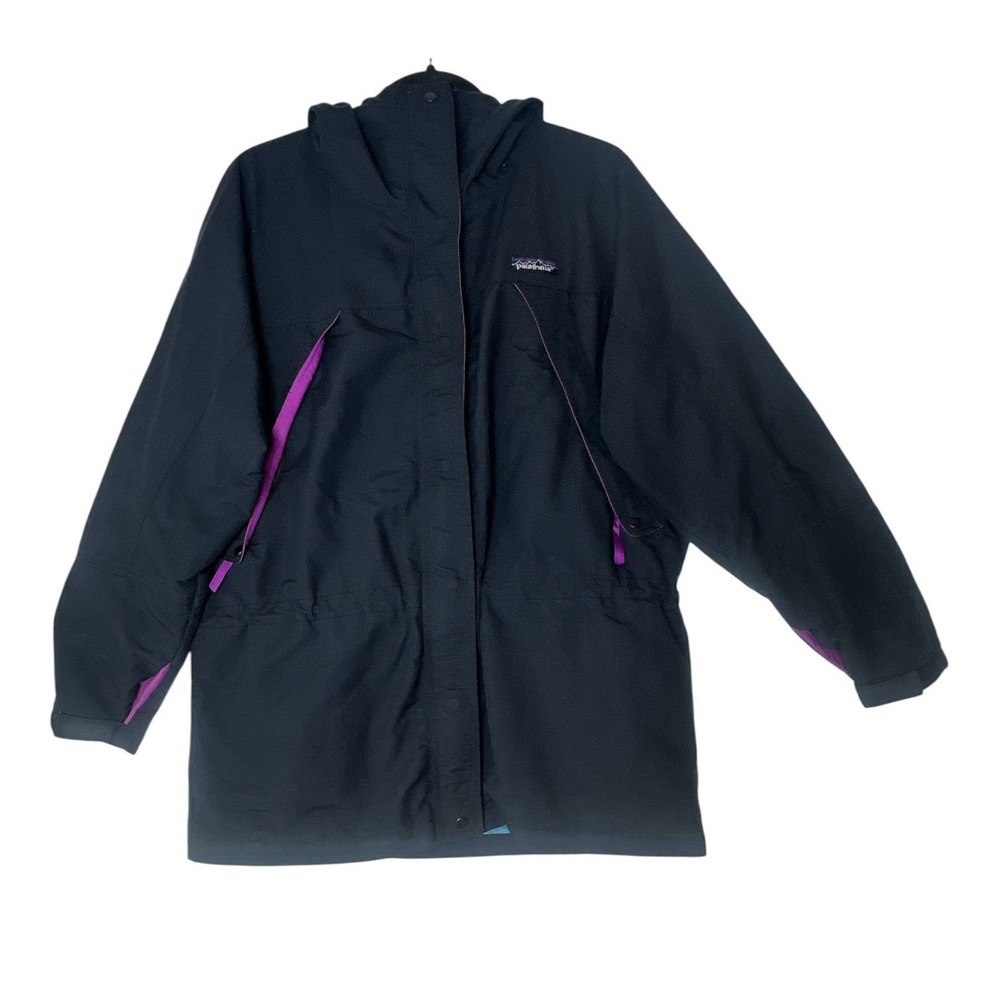 Vintage PATAGONIA Jacket Women's Size 10 Black Lined Hooded Full Zip Windbreaker